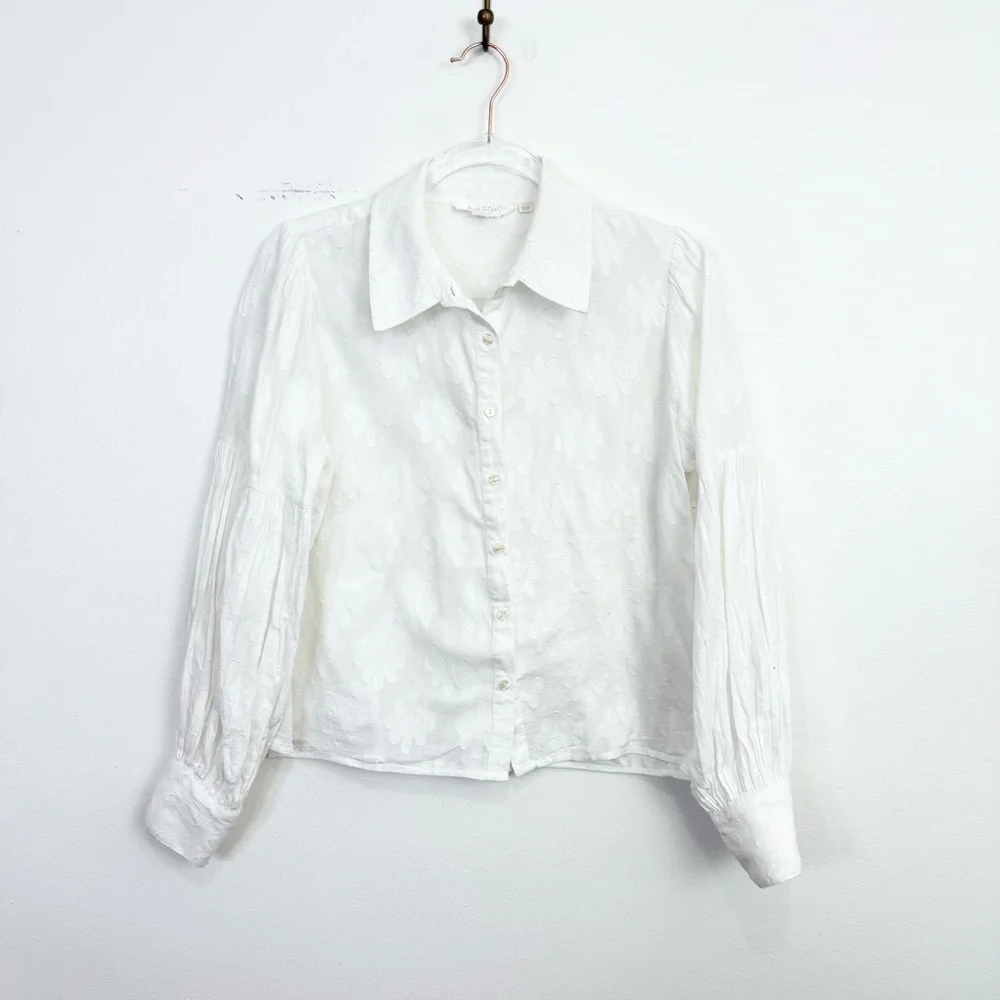 Anthropologie Forever That Girl Textured Jacquard Balloon Sleeve Blouse White S